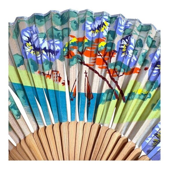 Vintage Hand-Painted Wooden Folding Fan Purple Wisteria Floral Landscape READ - Picture 2 of 10